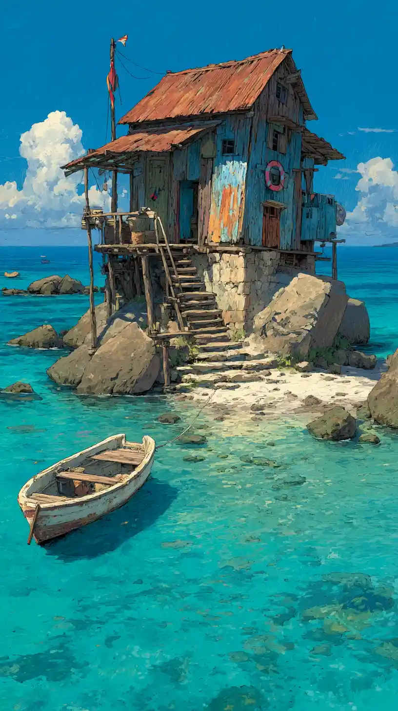 Rustic Wooden Cabin On Isolated Ocean Rock