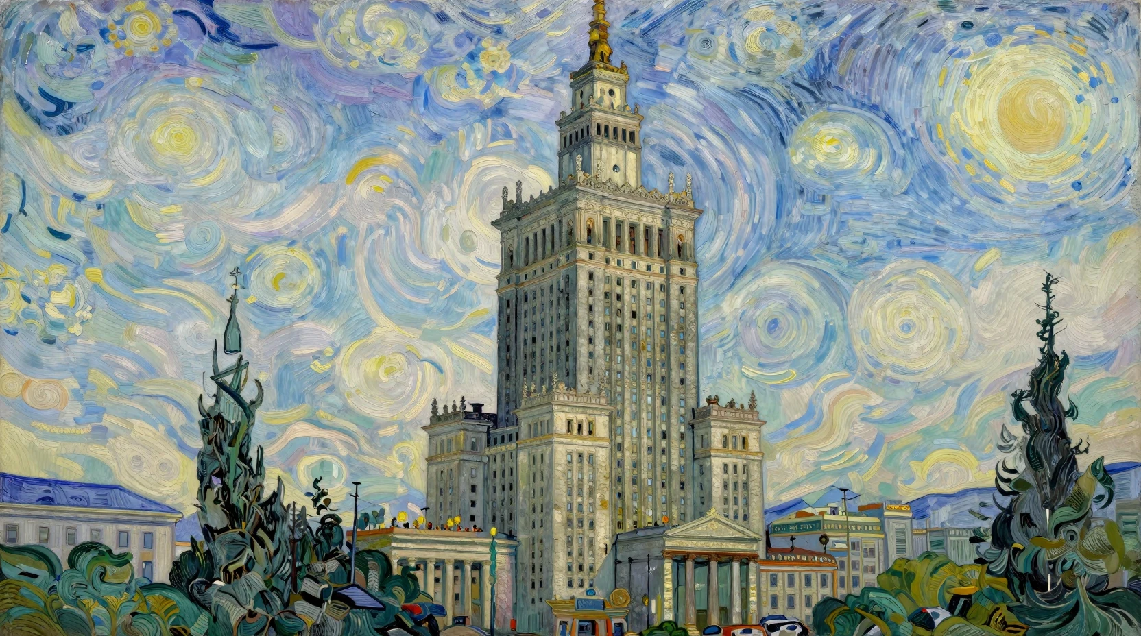 Dipinto di grattacielo di Varsavia in stile post-impressionista