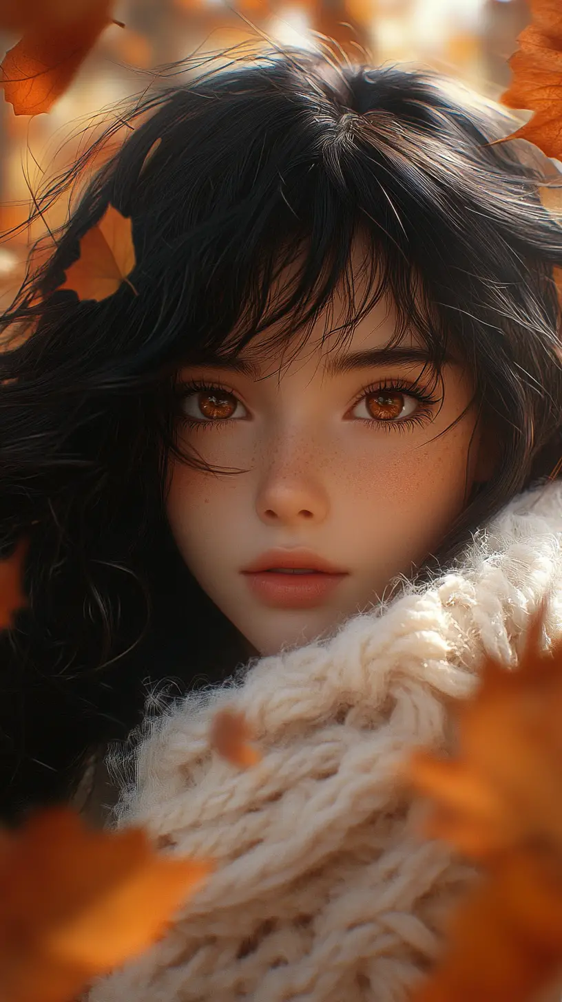 Shy anime girl portrait with amber eyes in autumn