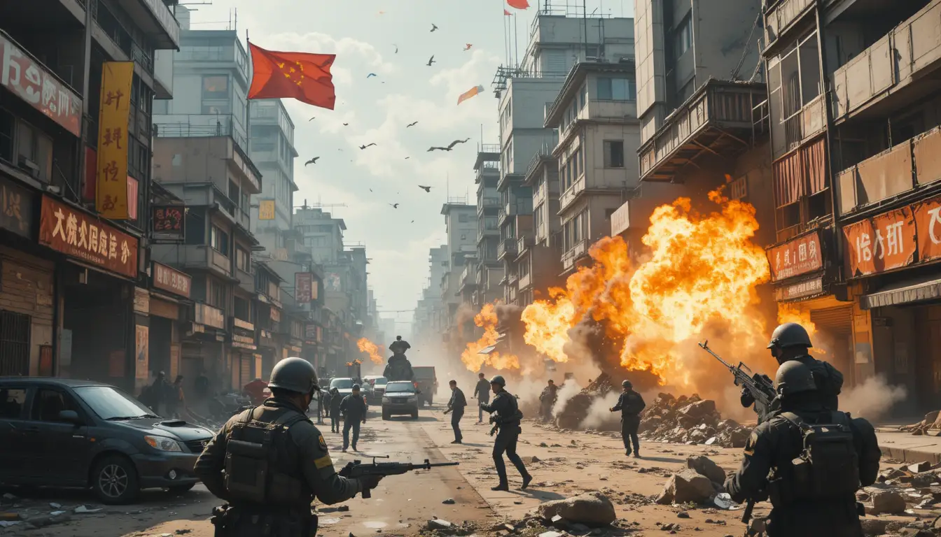 War torn modern city street with intense urban combat
