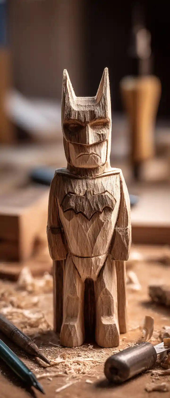 Hand carved wooden batman figurine on workshop table