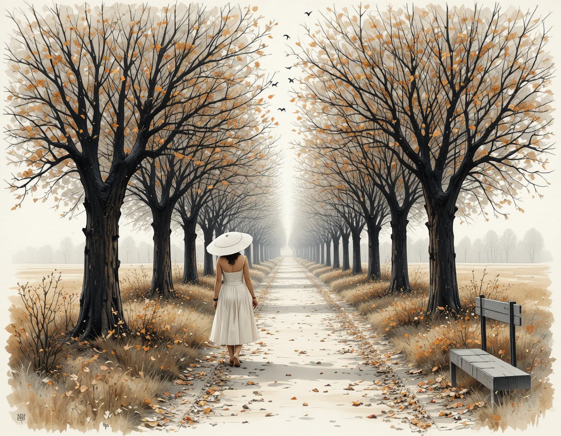 Woman walking bareheaded beside a companion in autumn park