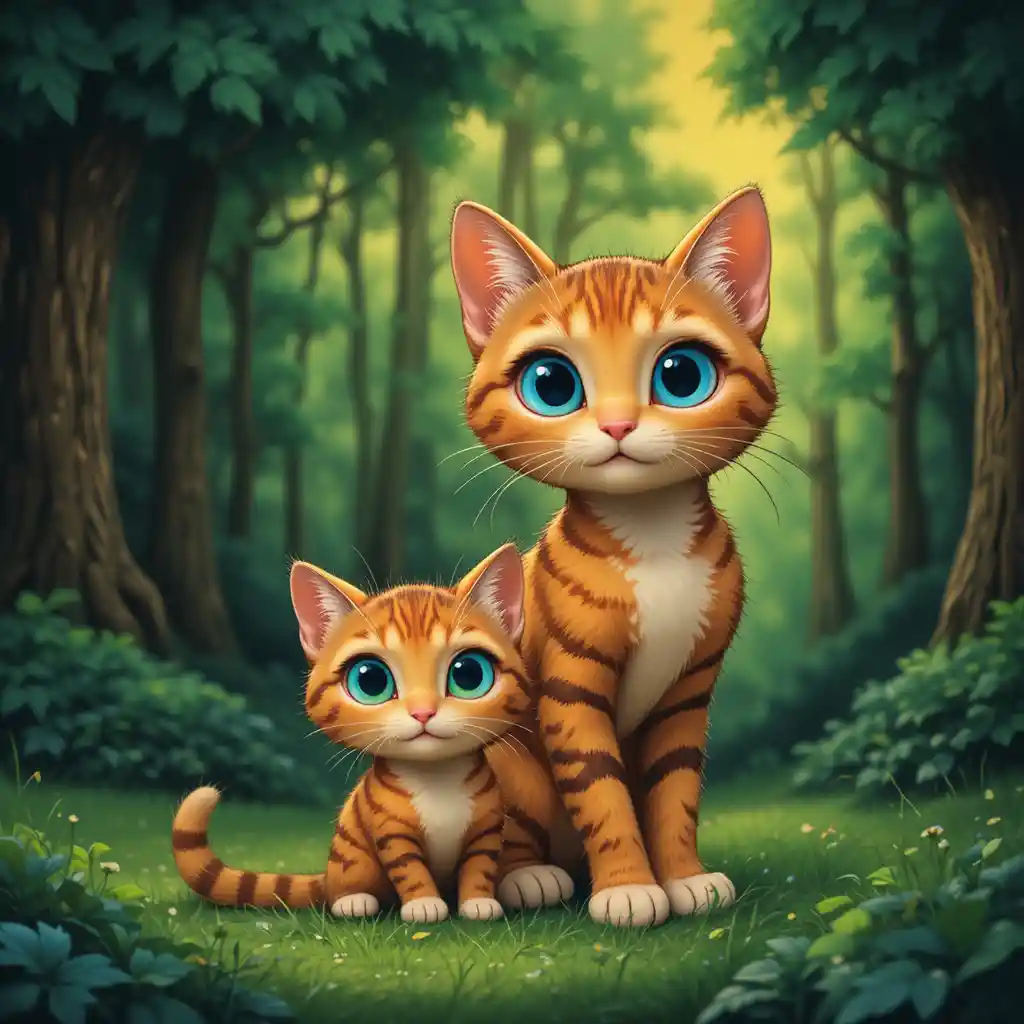 Adorable chat tigré roux aux grands yeux bleus dans une forêt verte