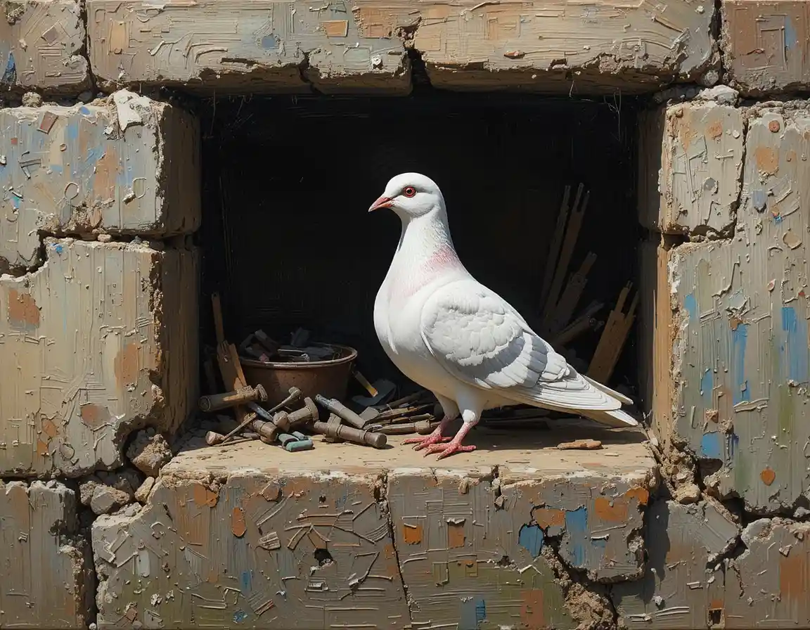 White pigeon on a dovecote in a quiet garden corner