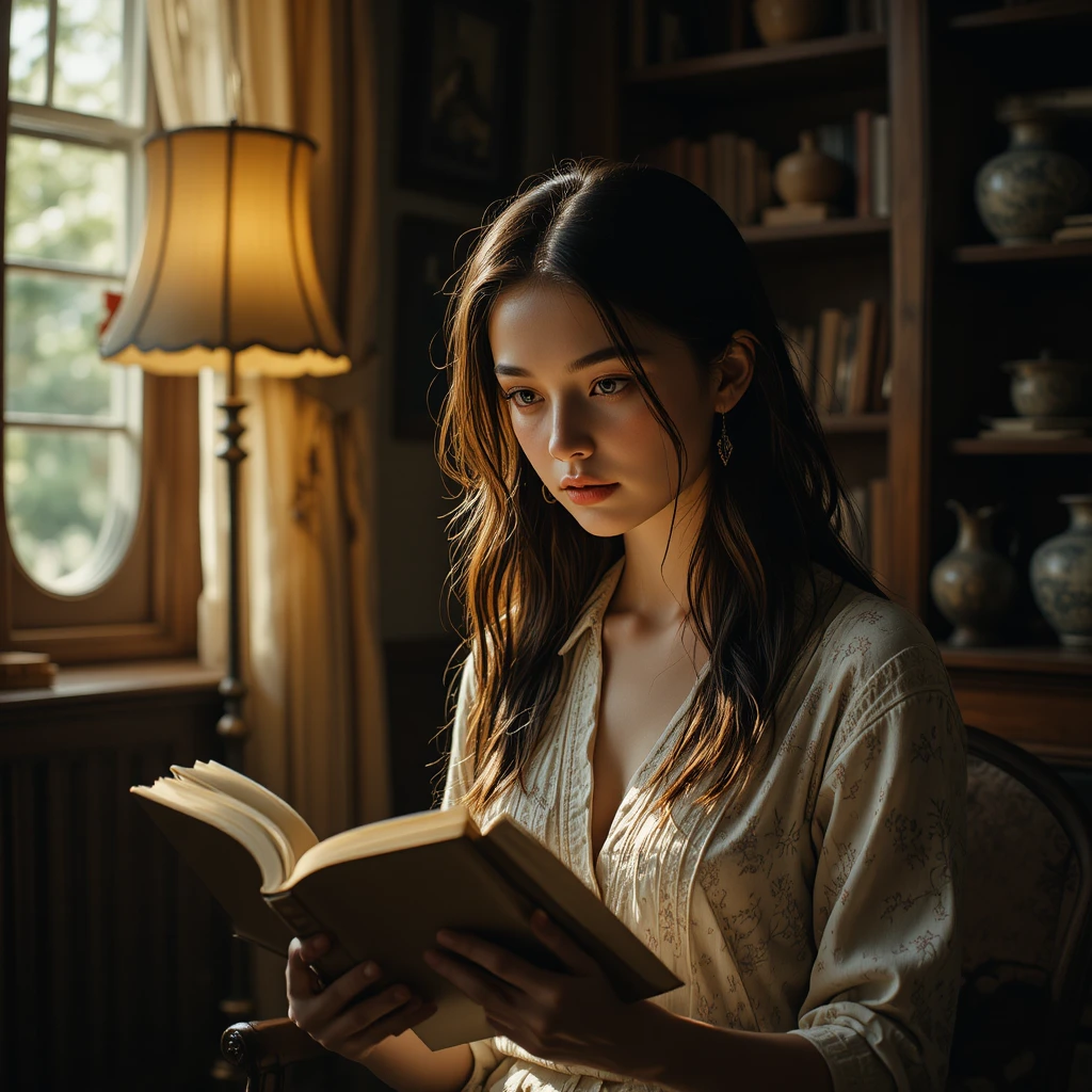 Young woman reading quietly in a vintage study