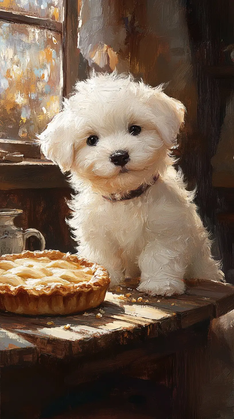 Fluffy white puppy beside a pie in a cozy kitchen