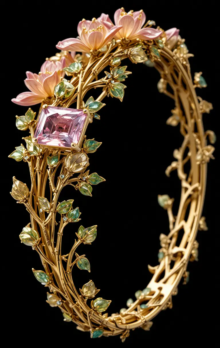 Gold floral bracelet with gemstone freesia flowers on black