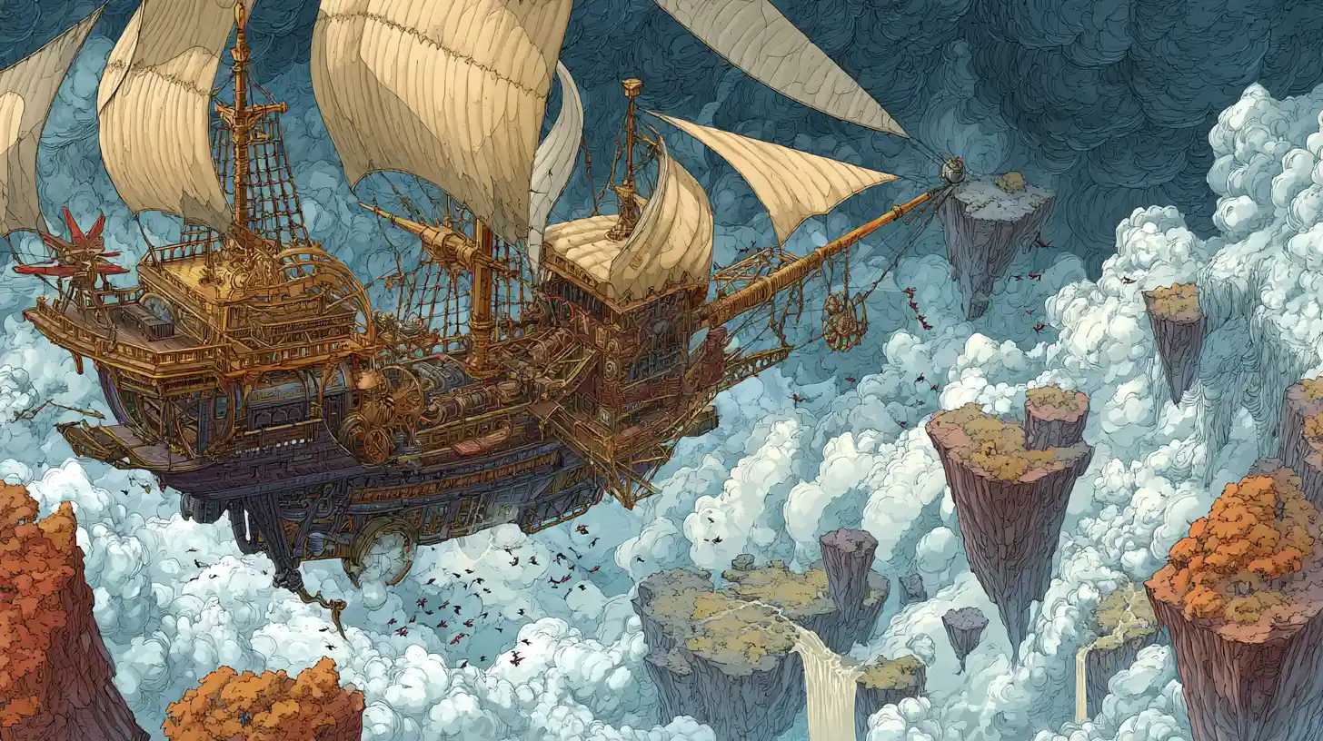 Dirigibile steampunk che naviga tra imponenti isole fluttuanti