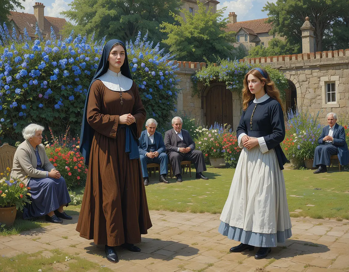 Two nuns carrying a copper cauldron in a garden