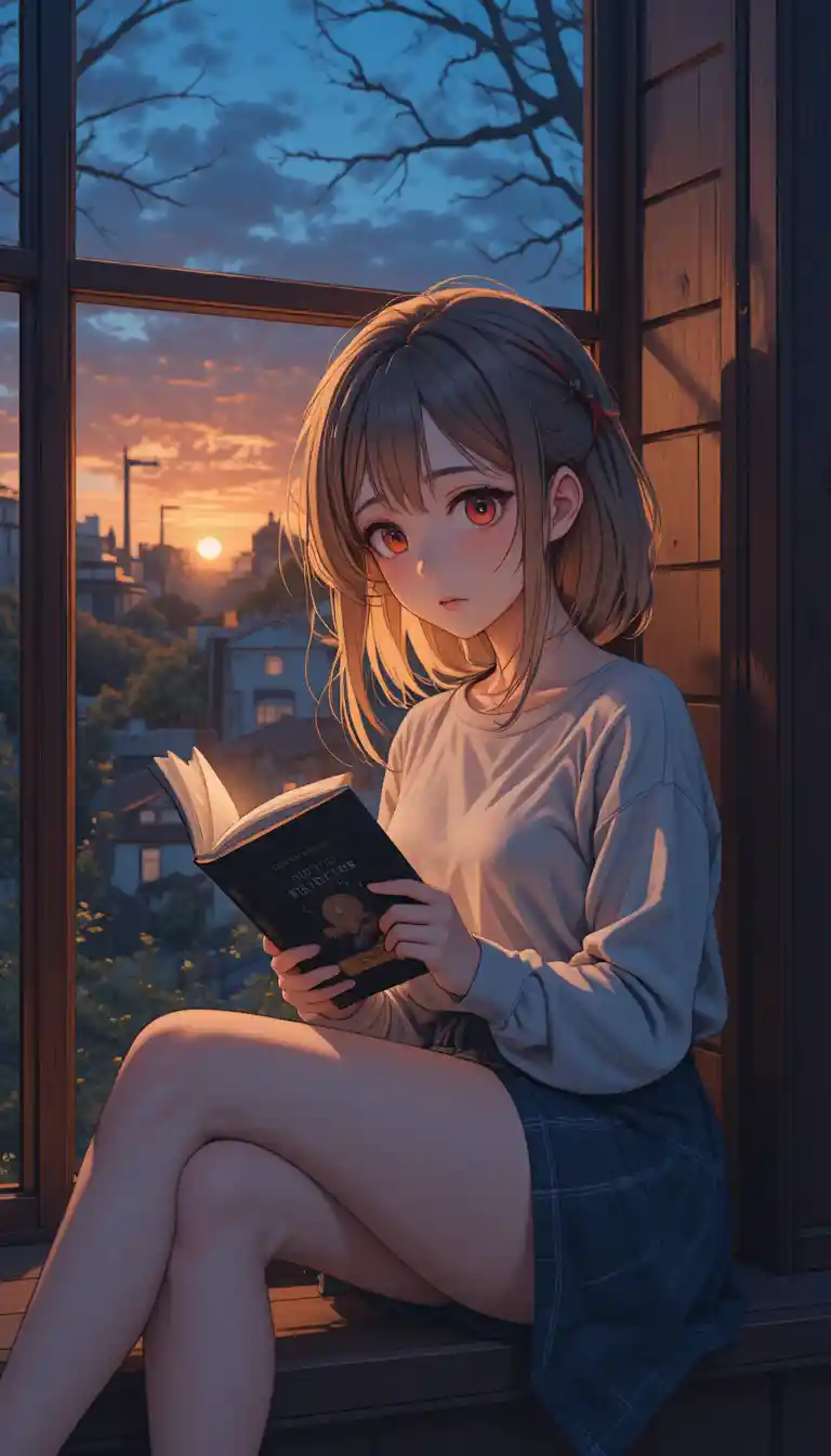 Ragazza anime che legge accanto a una finestra al tramonto