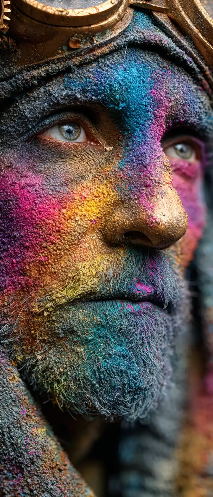 Steampunk portrait with prismatic rainbow dust covered face