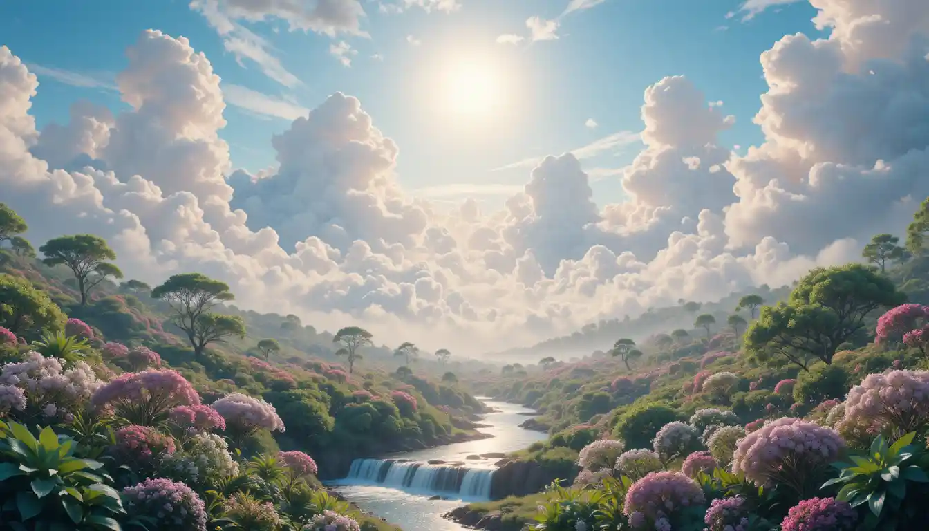 Ciel paisible et nuages au‑dessus de ruisseaux luxuriants et d’une flore abondante