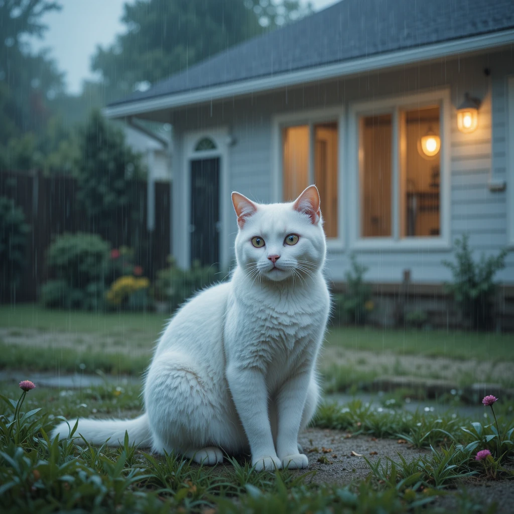 White cat sitting by a house in a rainy backyard