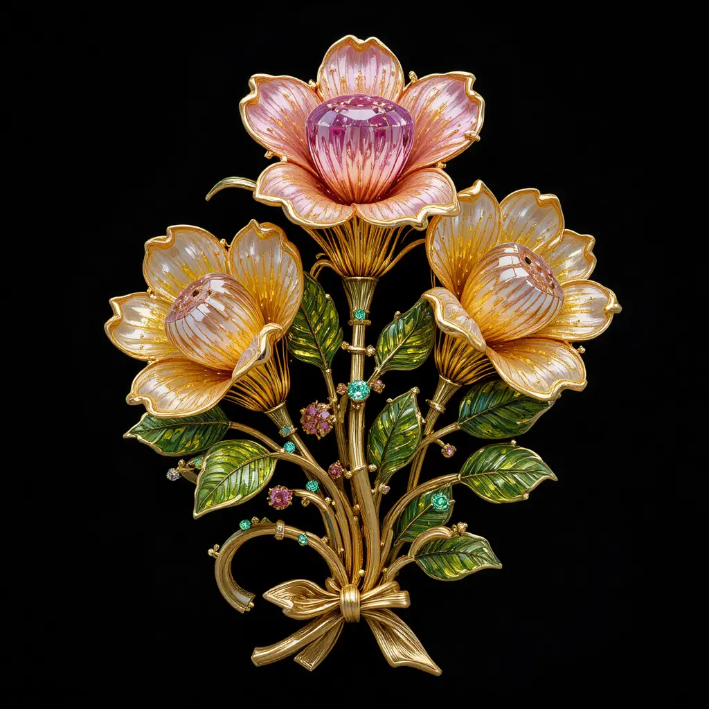 Gold floral brooch with gemstone freesia flowers front view