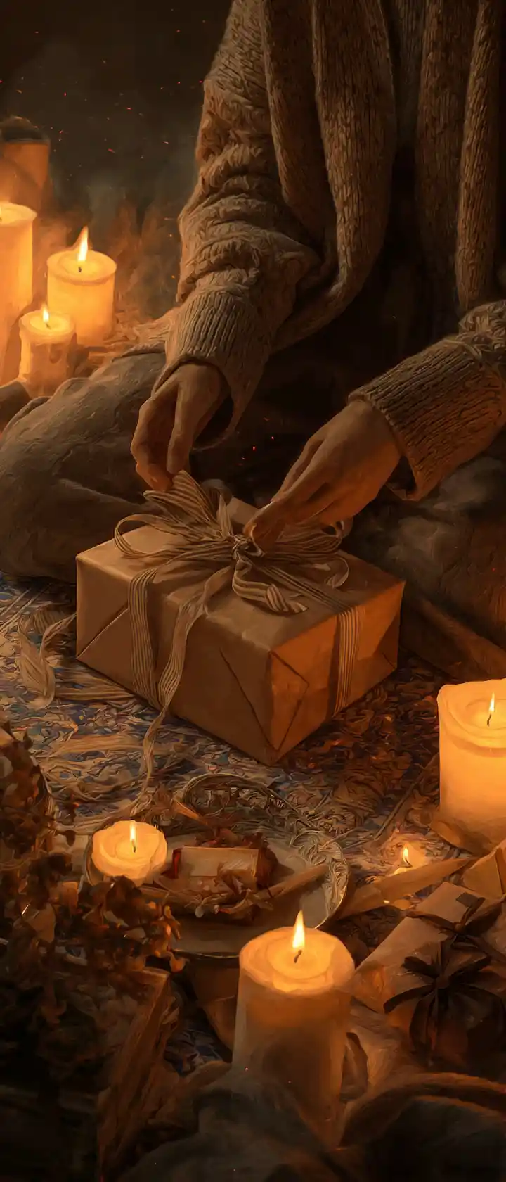 Cozy close up of hands opening a candlelit gift