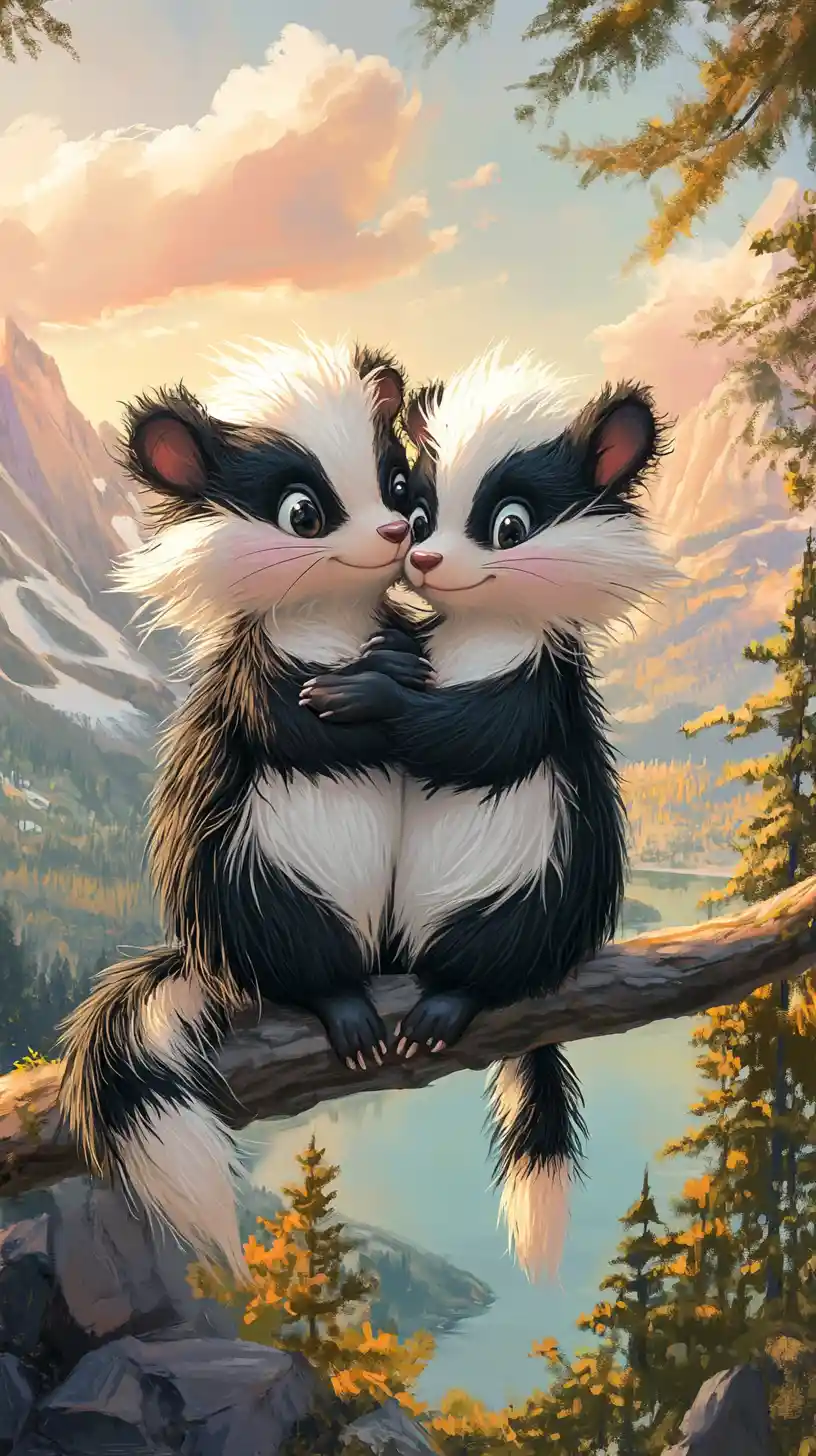 Romantic cartoon skunks cuddling on a branch at sunset