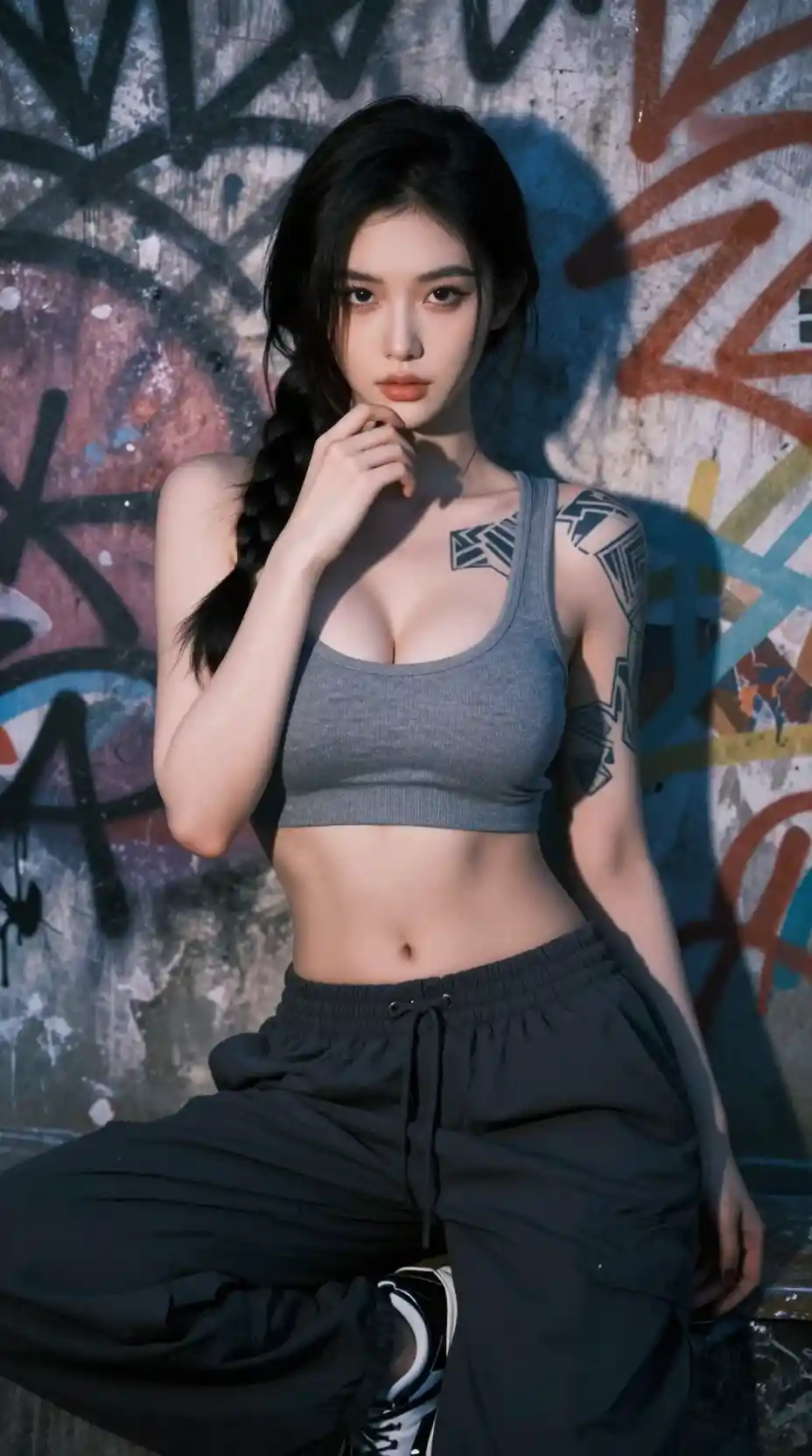 Sporty tattooed woman posing against an urban graffiti wall