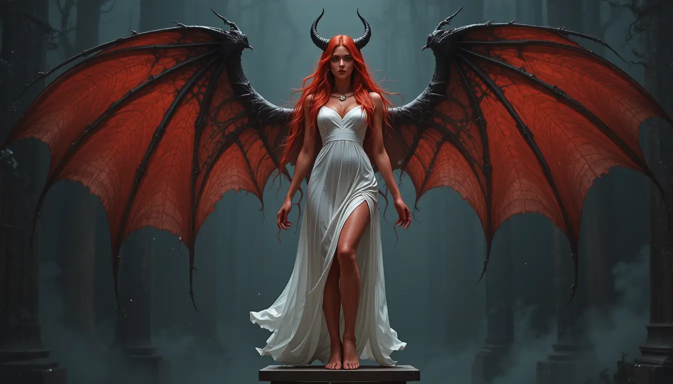 Red skinned winged demon woman in a white dress