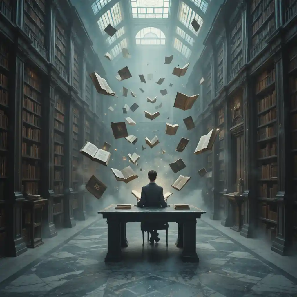 Biblioteca infinita surreale con lettore a una scrivania fluttuante