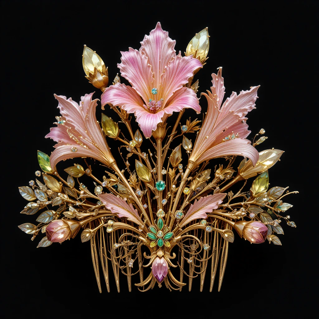 Goldener Blumen-Haarkamm mit rosa und grünen Edelsteinen