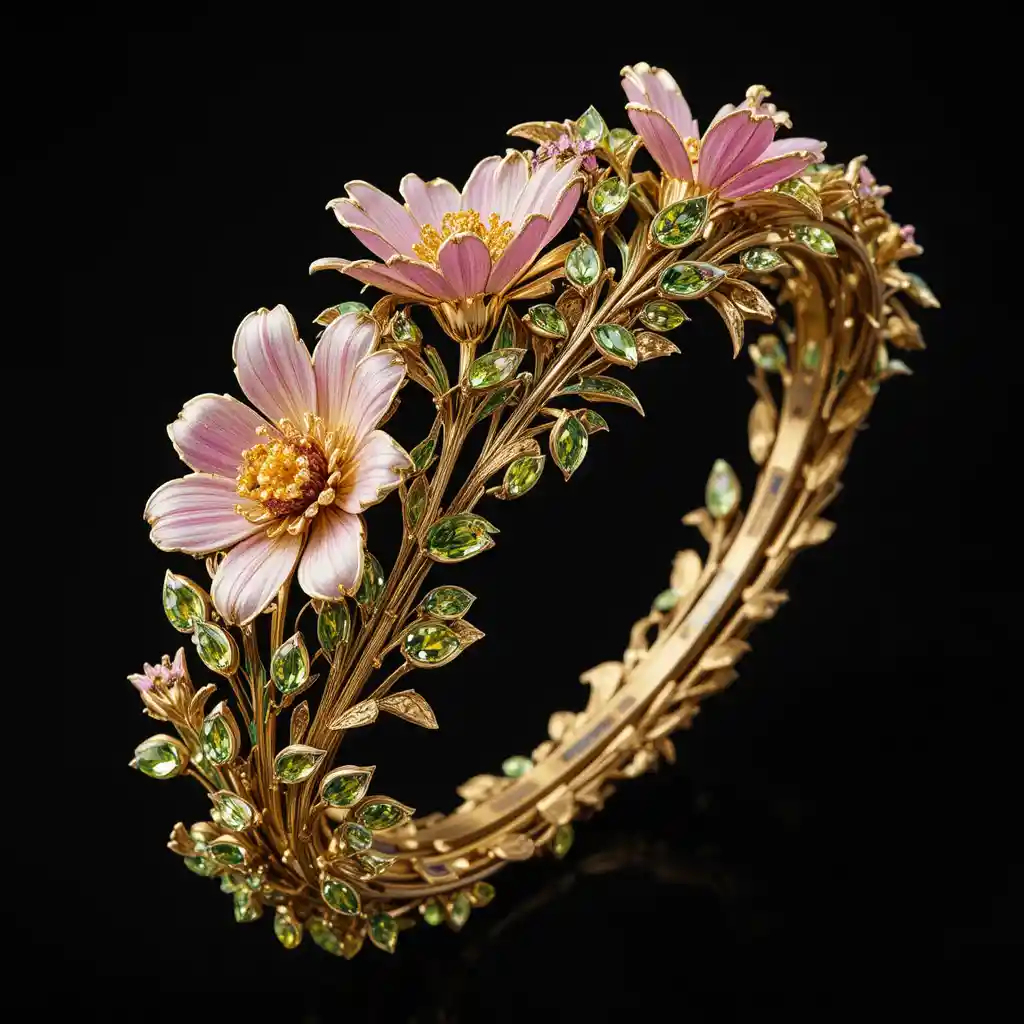 Primo piano di bracciale floreale in oro con gemme colorate
