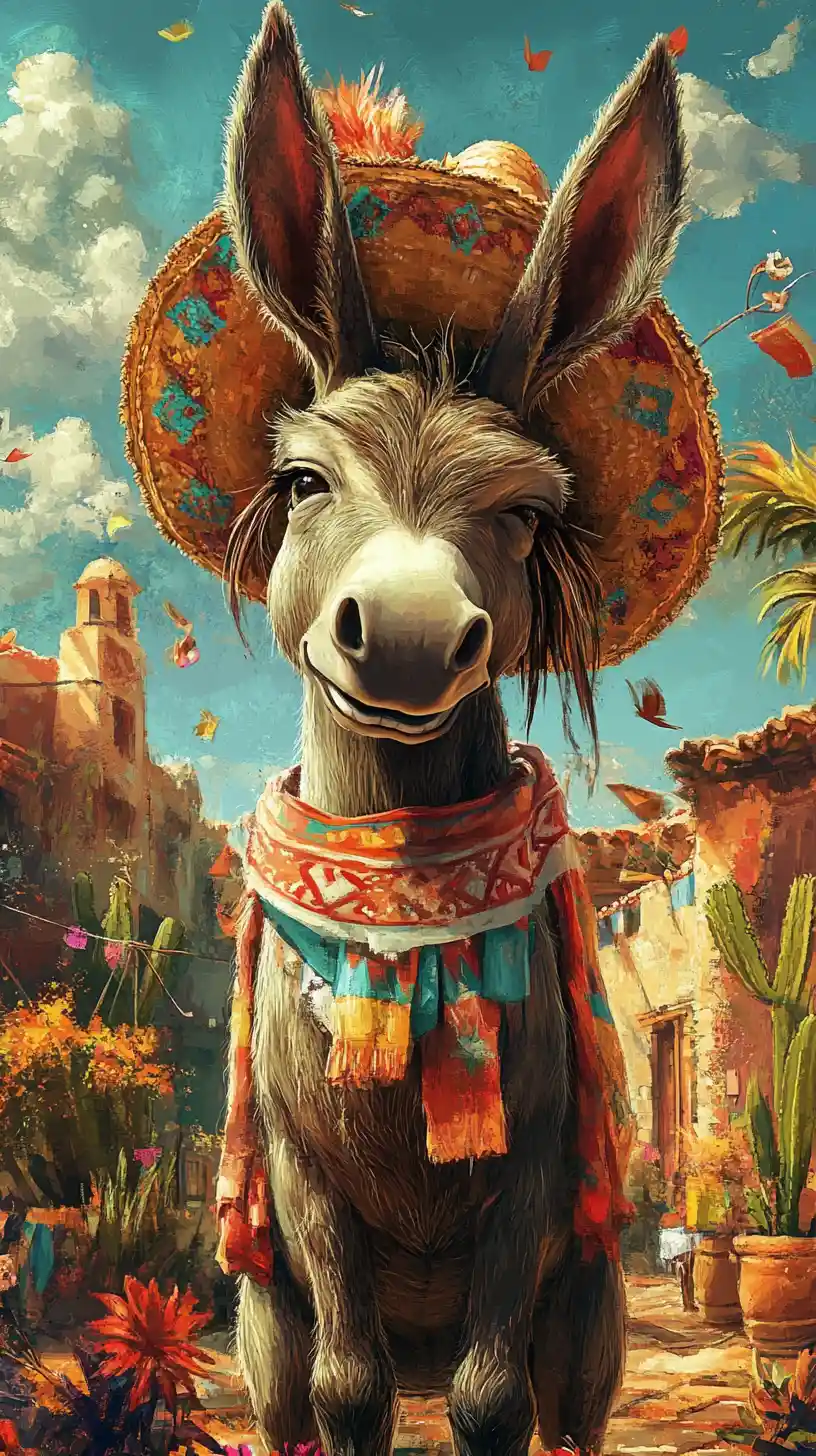 Burro feliz y fantástico en una colorida escena de calle mexicana