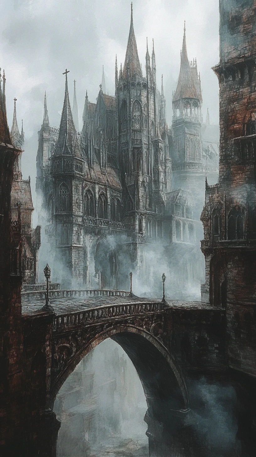 Gothic city towers rising through misty watercolor streets