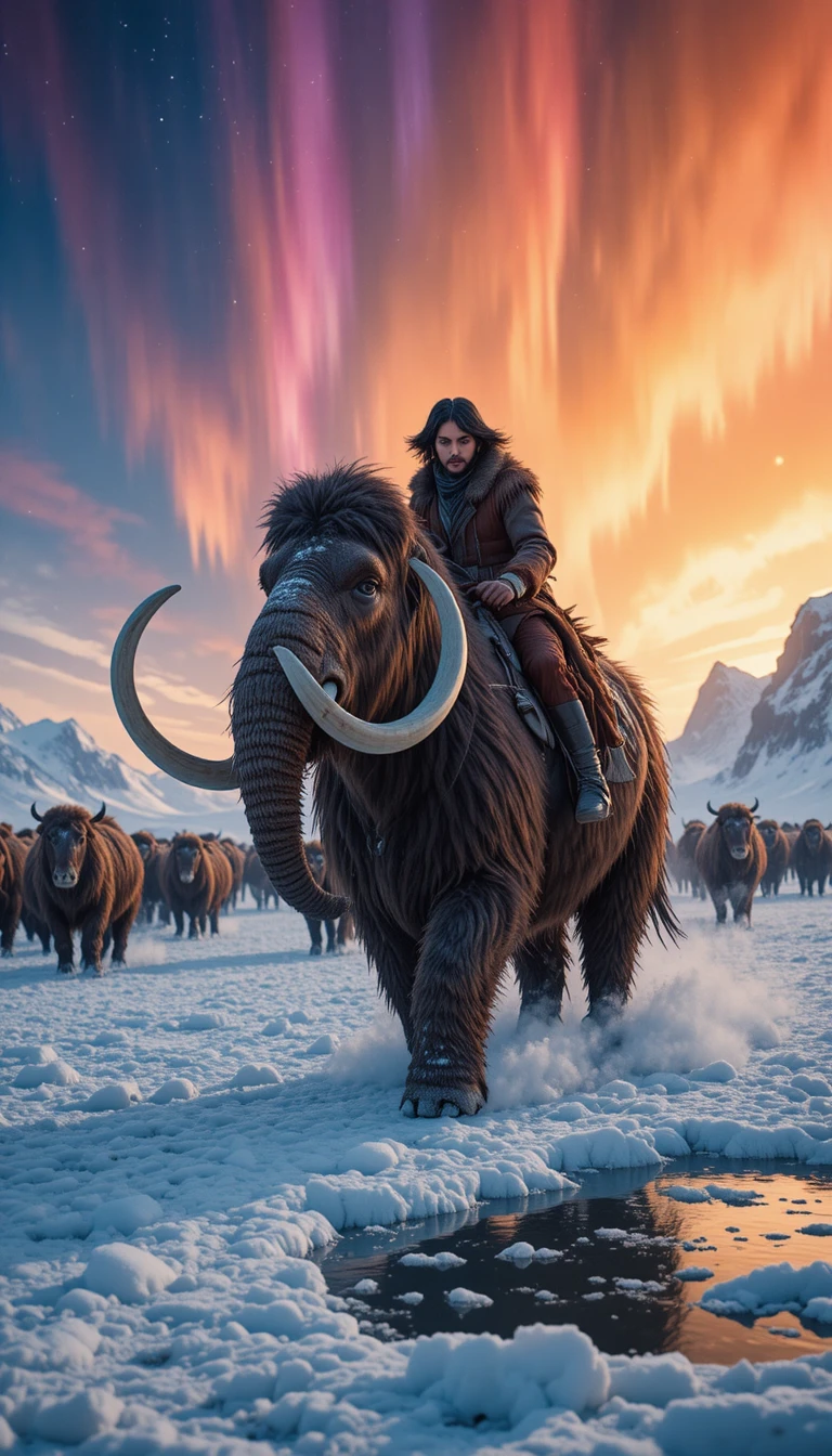 Vaquero montando un mamut sobre la nieve ártica bajo la aurora