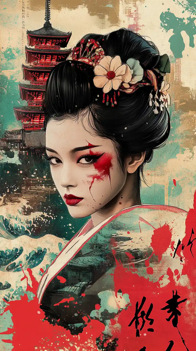 Melancholic Japanese Woman Portrait With Abstract Pagodas