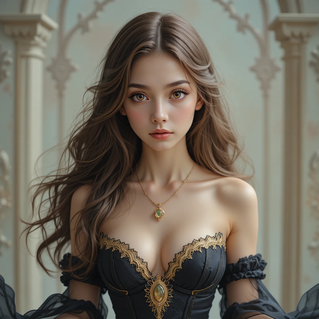 우아한 어두운 드레스를 입은 젊은 여성의 판타지 초상화