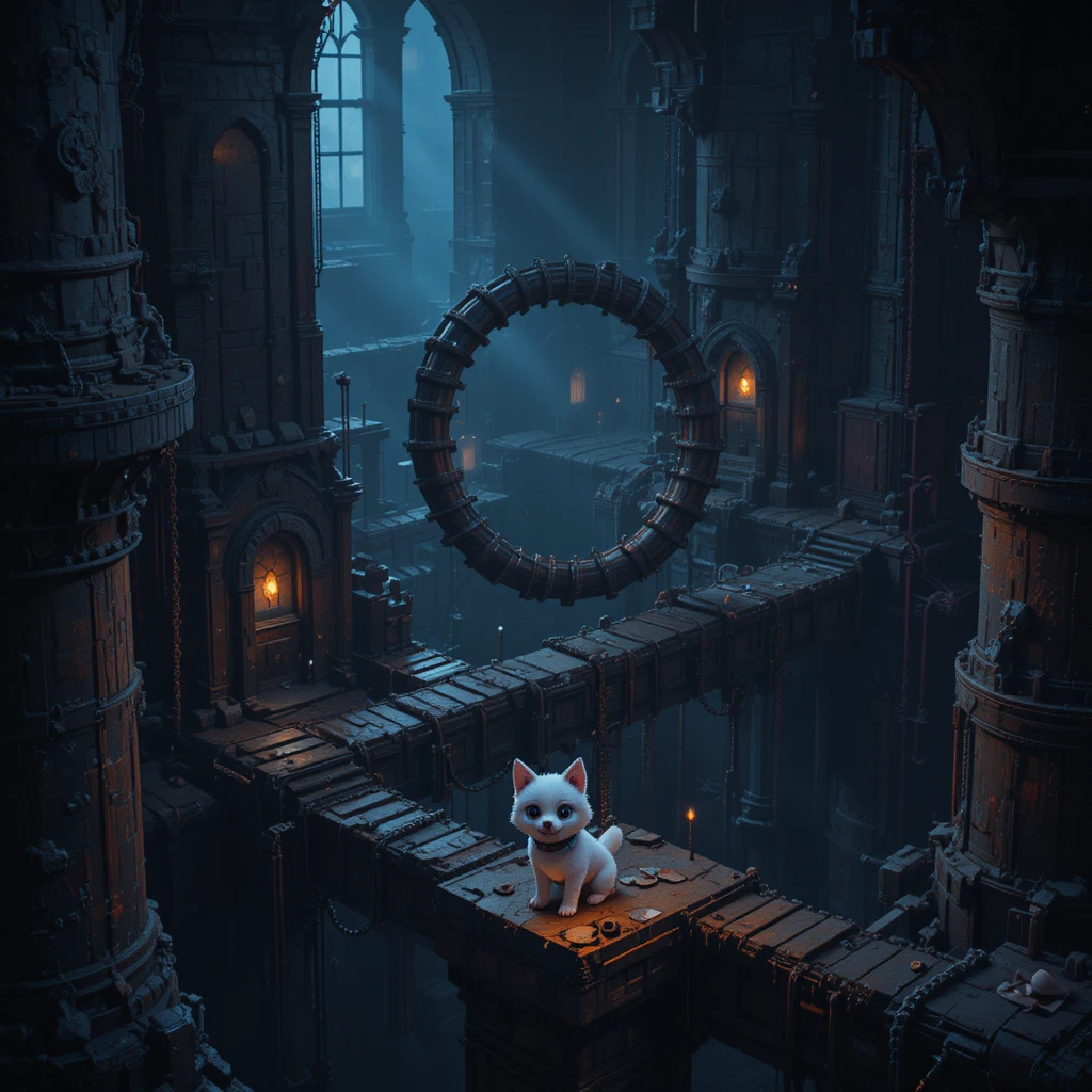 Niedlicher Werwolf-Welpe in einem dunklen, gothischen Industrie-Pixellevel