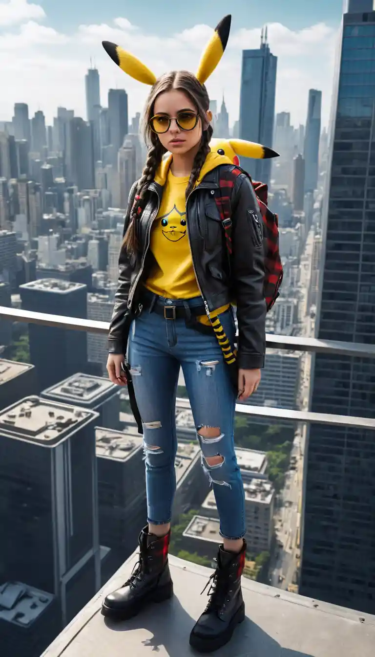 Edgy woman with crossbow on city rooftop
