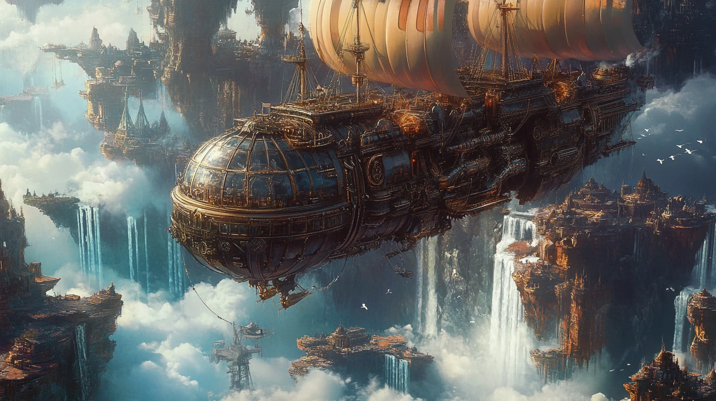 Steampunk-Luftschiff segelt zwischen riesigen schwebenden Inseln
