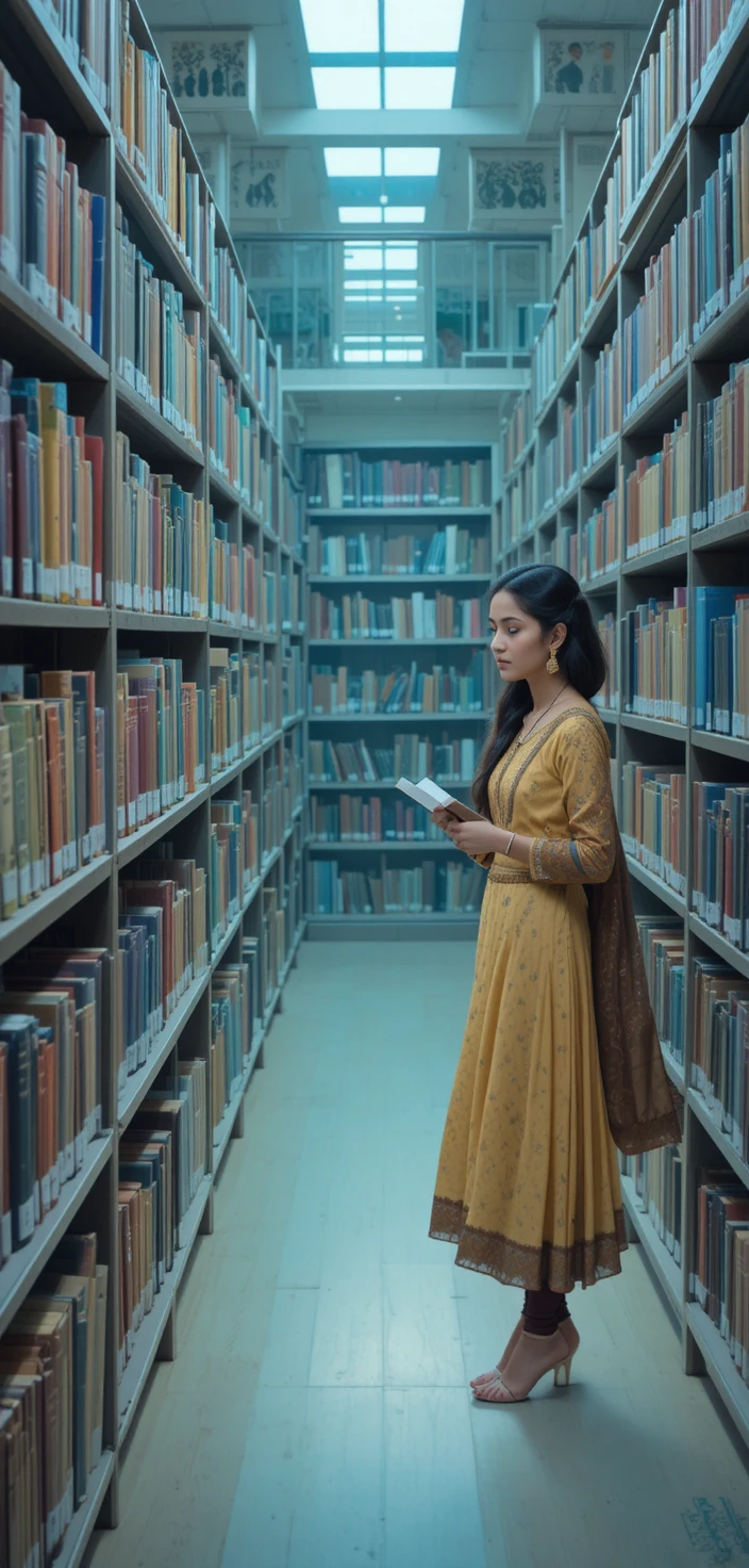 Young couple meeting in a quiet college library aisle