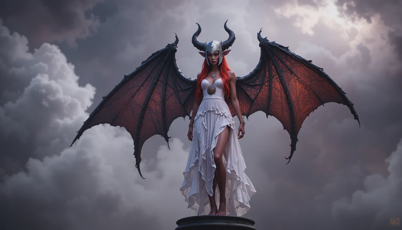 Démonesse à la peau rouge avec des ailes de chauve-souris en robe blanche au soleil
