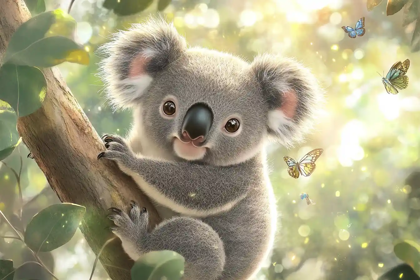 Bébé koala joufflu dans une forêt aquarelle avec des papillons