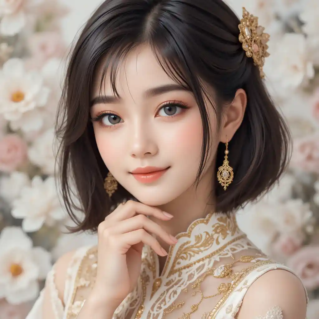 Elegant anime girl portrait with golden floral accents