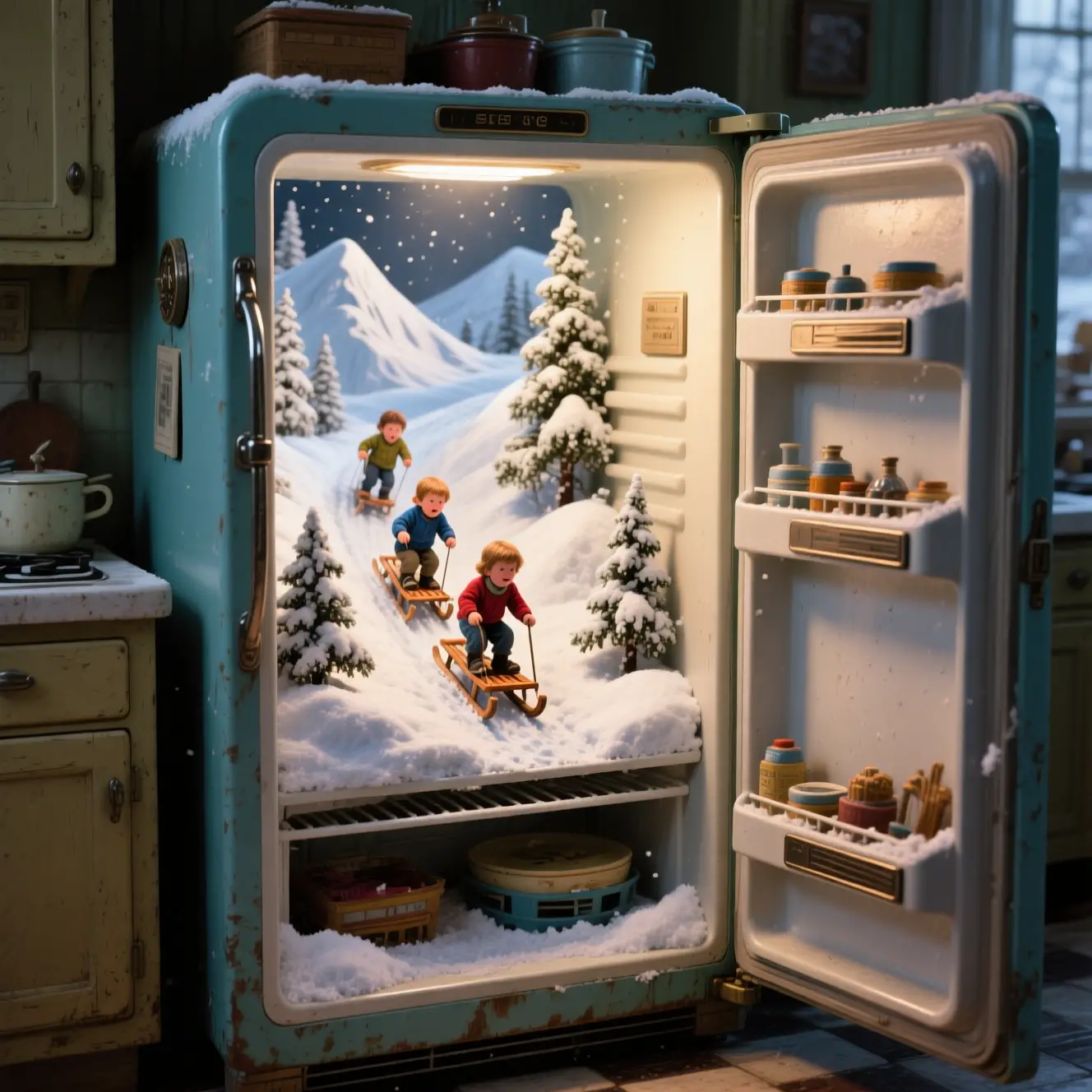 Miniature winter world inside a vintage kitchen refrigerator