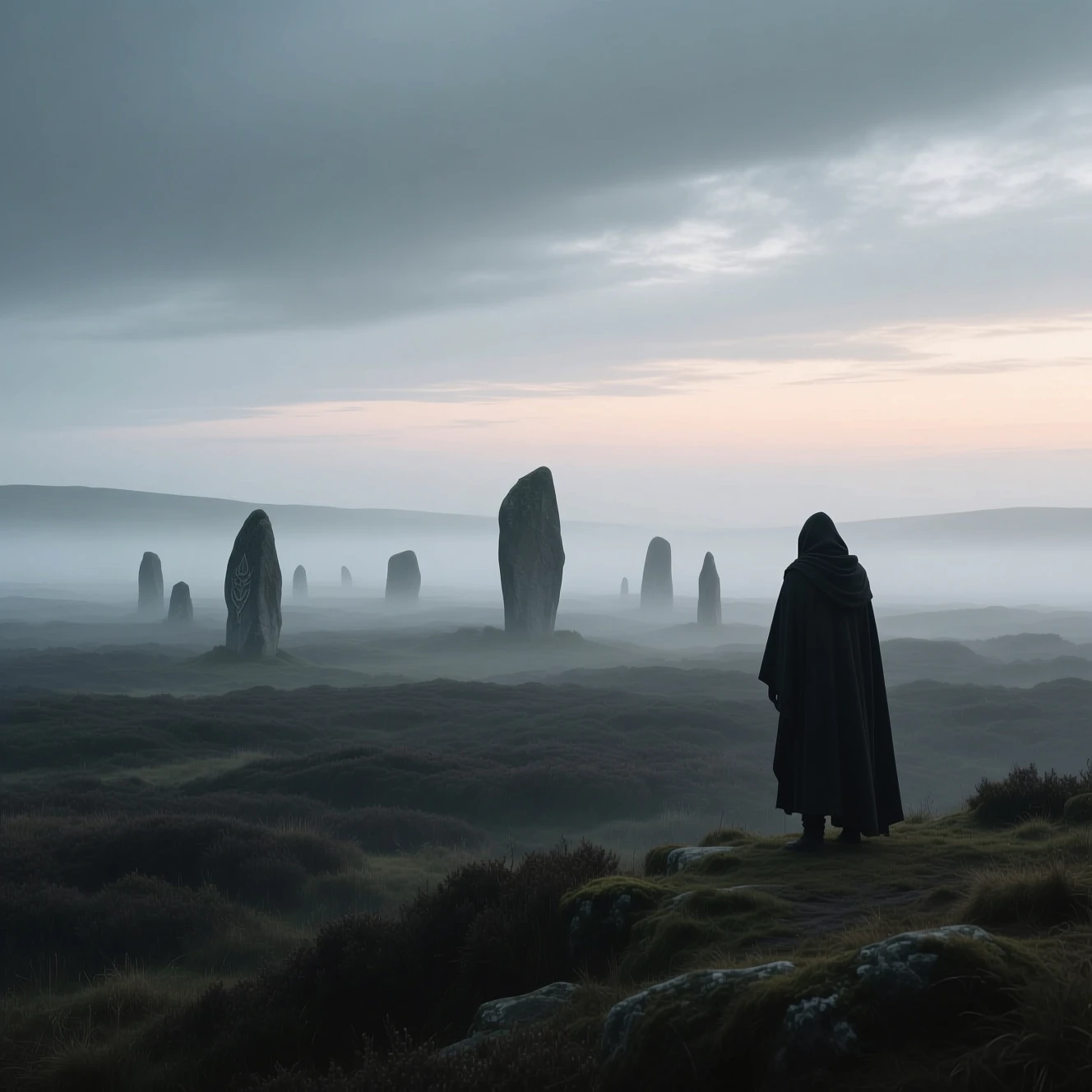 Solitary cloaked traveler on a foggy standing stone moor