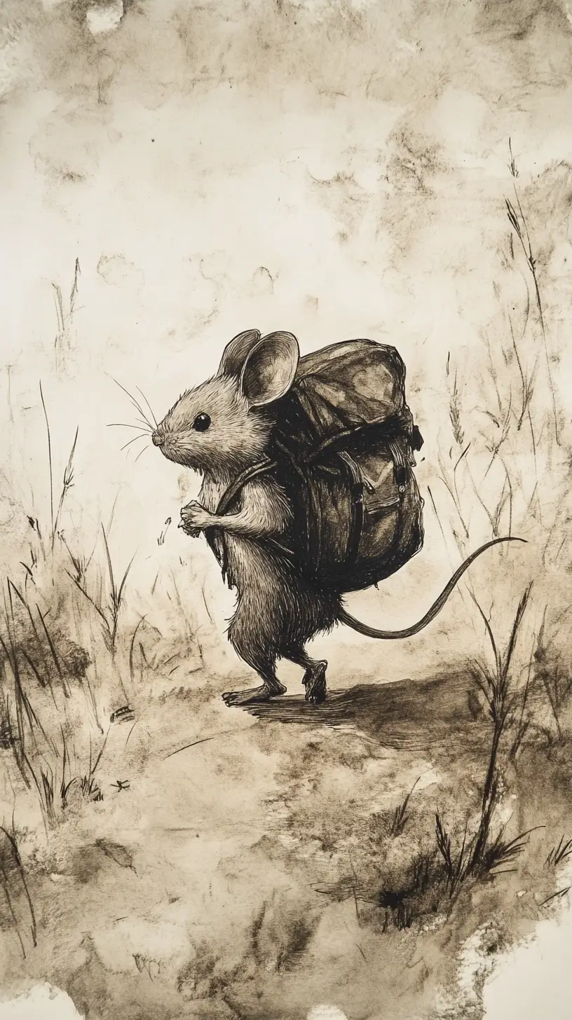 Small traveling mouse with backpack in ink drawing