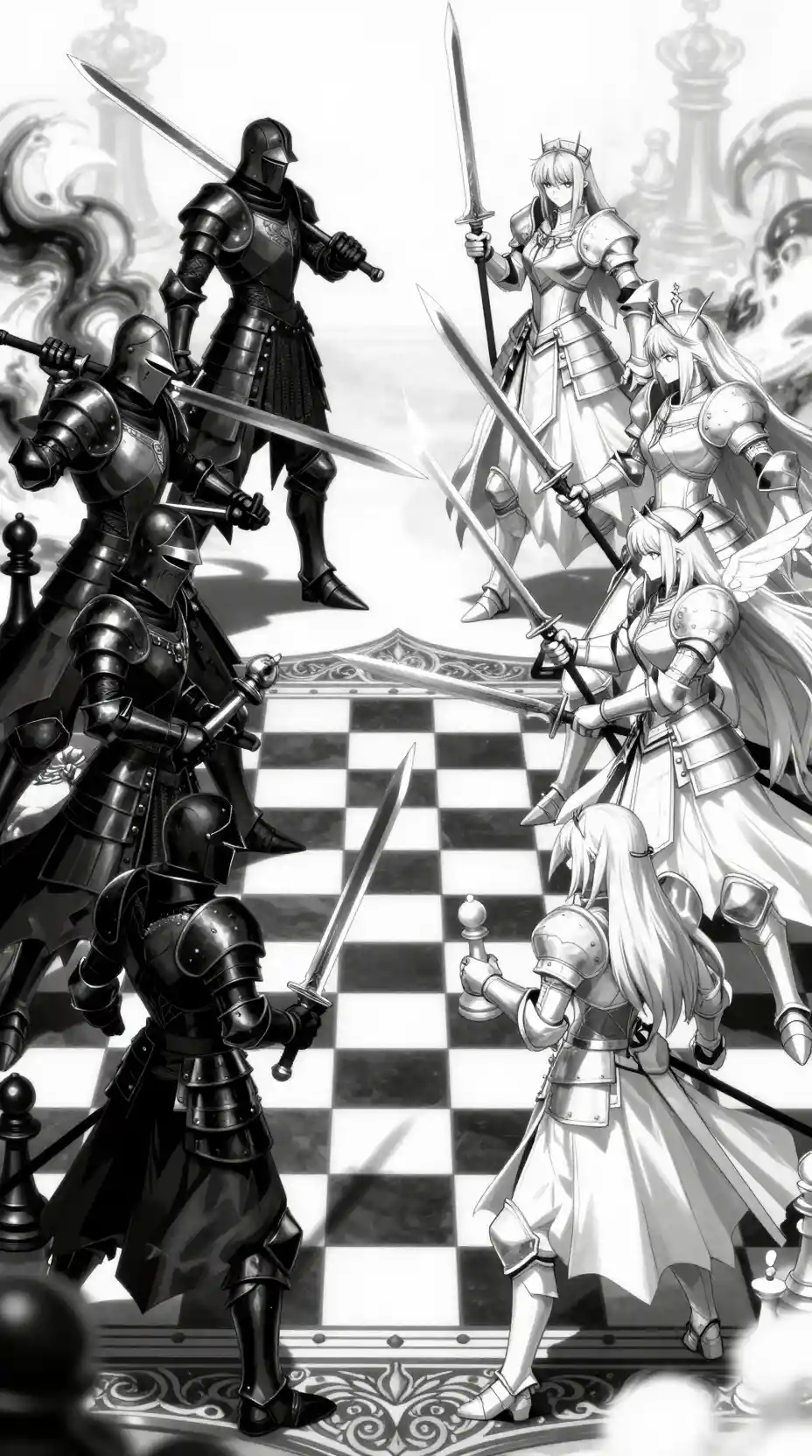 Anime-Krieger als Schachfiguren auf epischem Fantasy-Brett