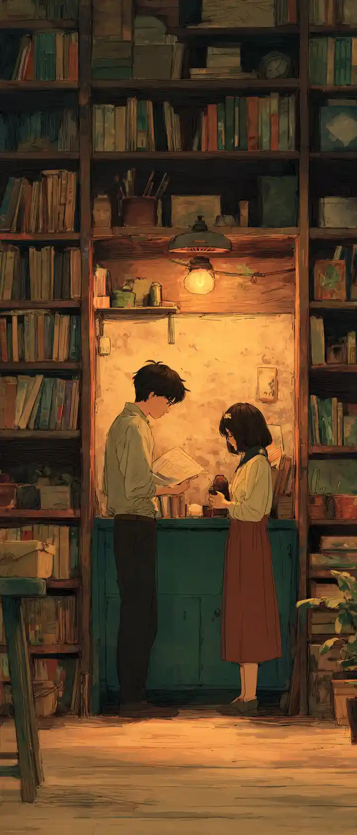 Vintage anime scene of two friends in a cozy kitchen