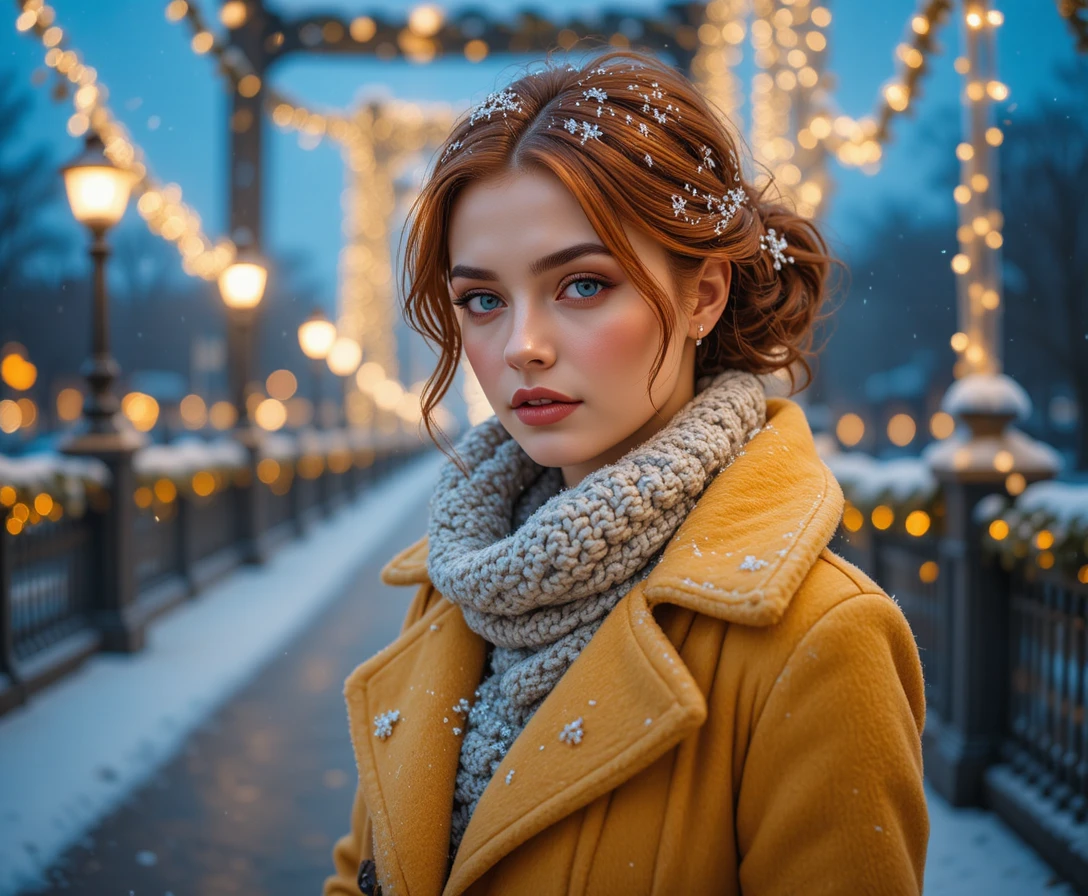 Red haired woman on a snowy festive city bridge