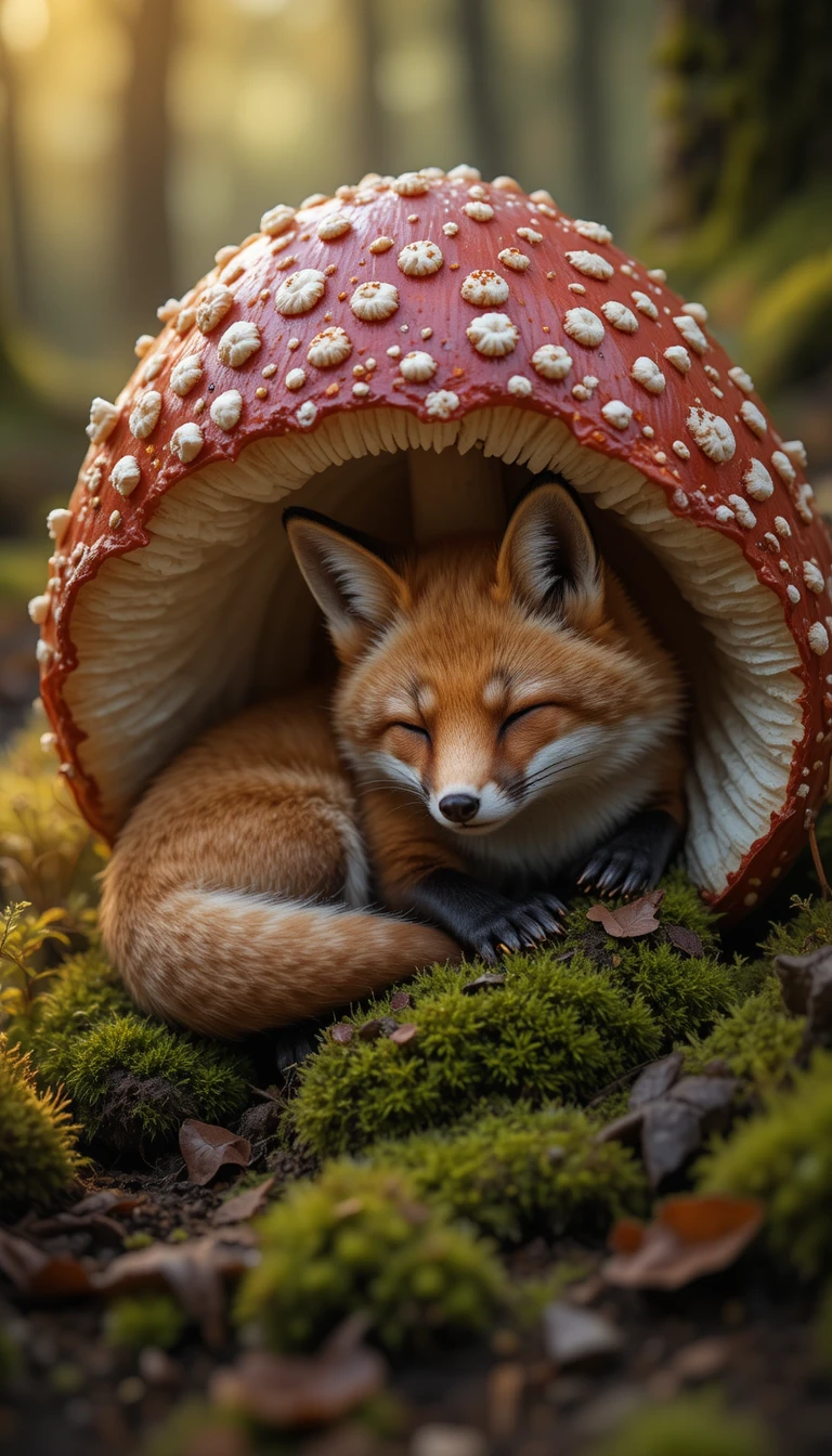 Winziger Fuchs schläft in einer riesigen gepunkteten Pilzkappe