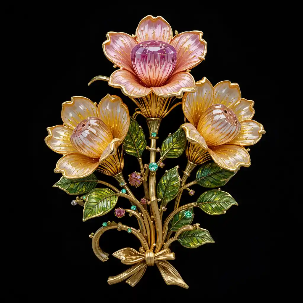 Broche floral dourado com flores de frésia em gemas - vista frontal