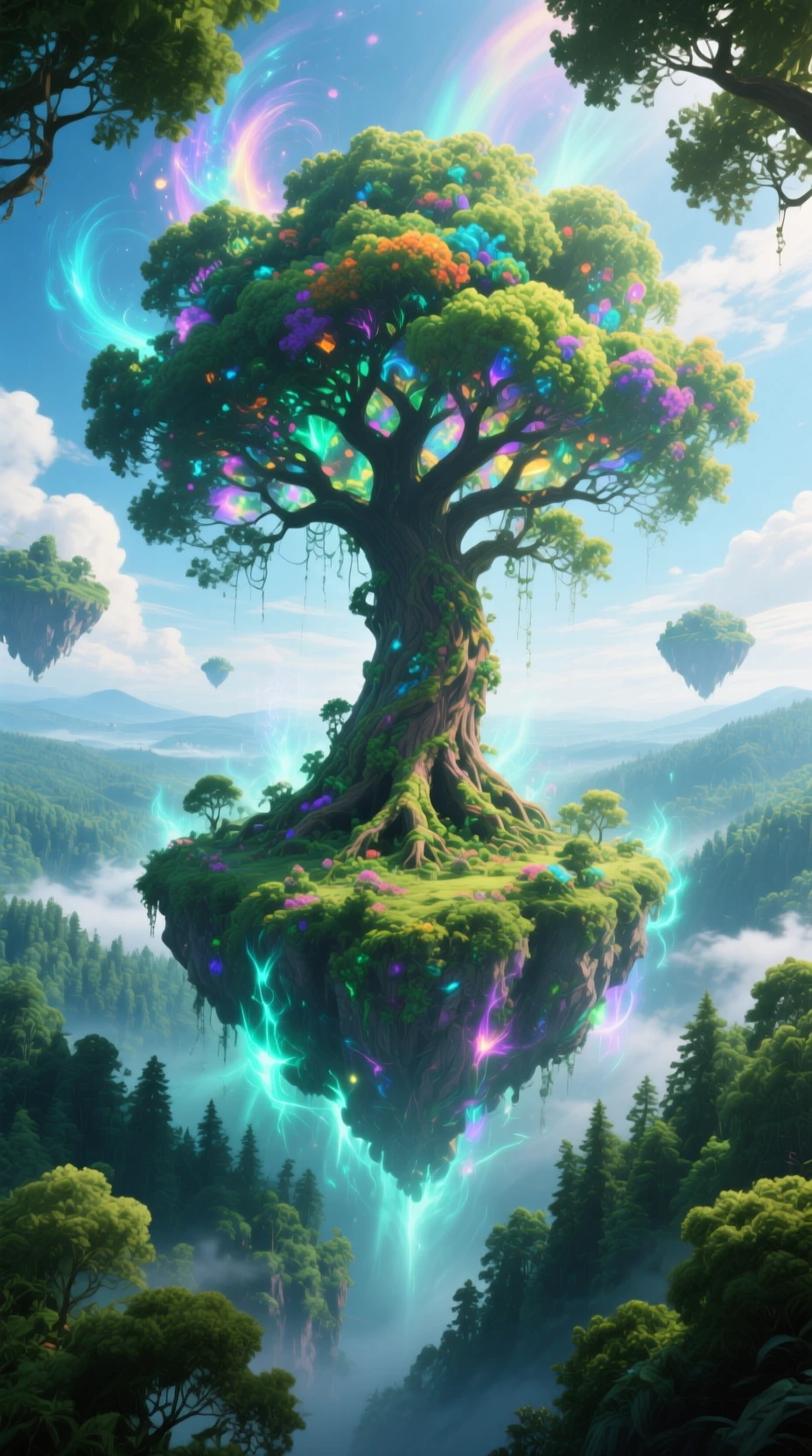Enchanted floating forest realm with a colossal central tree