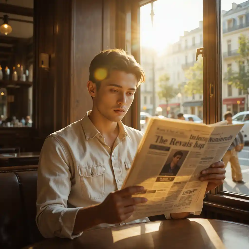 Giovane che legge il giornale in un caffè parigino