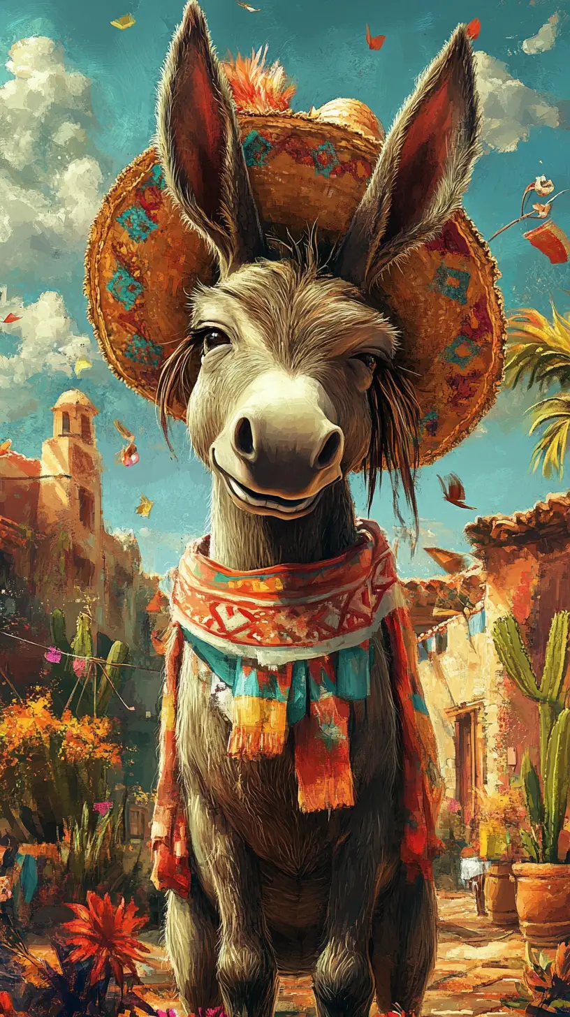 Happy fantasy donkey in a colorful mexican street scene