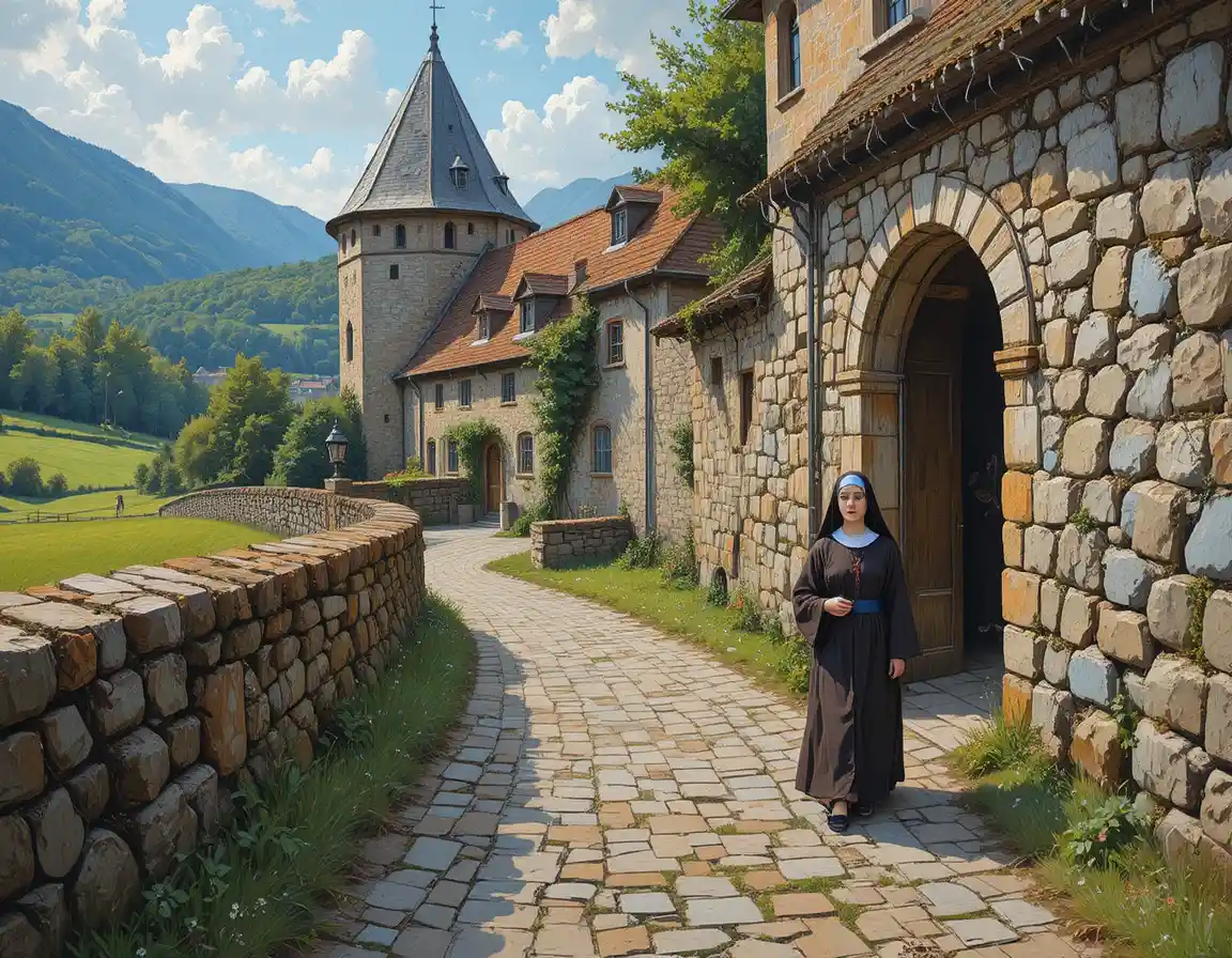 Nuns Carrying A Copper Cauldron Beside A Convent Wall