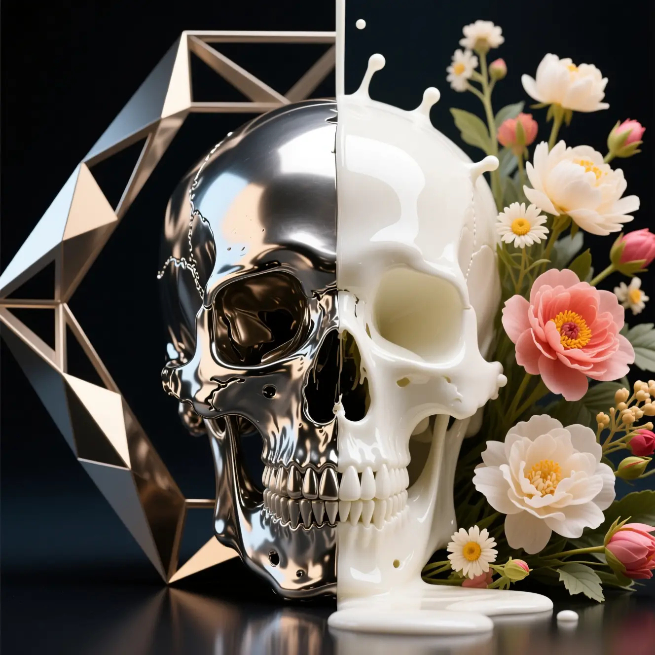 Surreal skull of liquid titanium and flowing milk